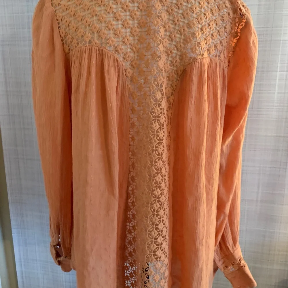 Free People Orange Button Down Crochet Back Gauze